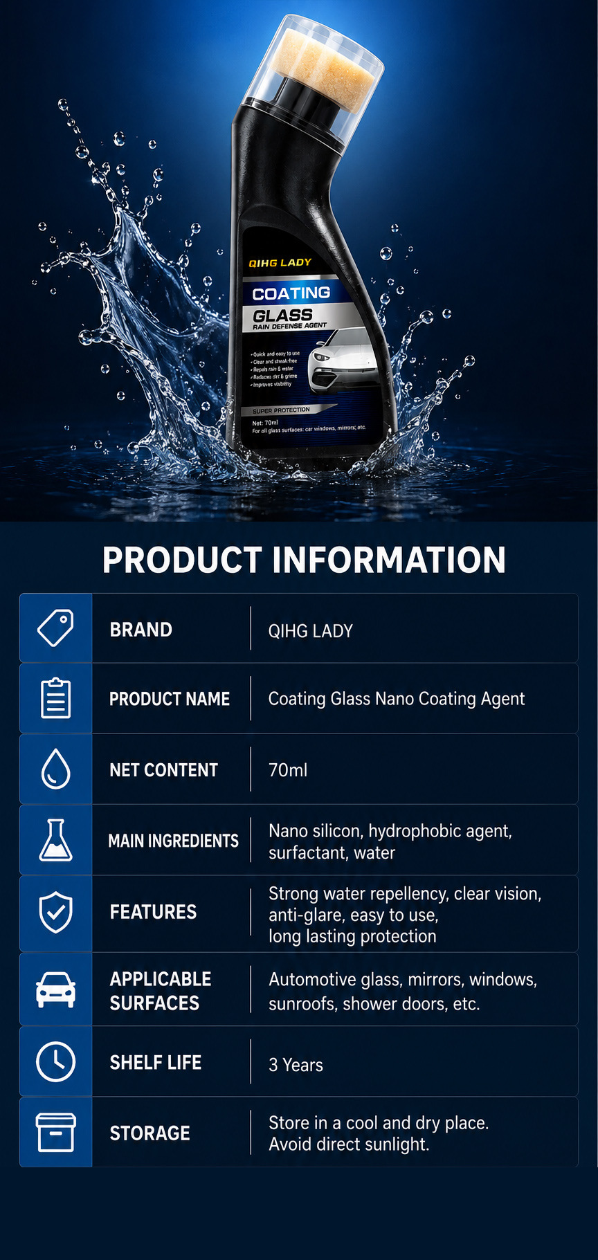 Car Glass Coating Spray Anti-Fog, Waterproof, Water-Repellent, Long-Lasting Cleaner for Car Glass Coating