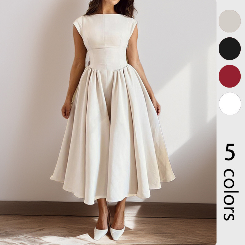 2026 European and American Foreign Trade Women's Clothing Spring New Style Elegant Solid Color Backless Patchwork Waist-Cinching Mid-Length Dress 2026 European and American Foreign Trade Women's Clothing Spring New Style Elegant Solid Color Backless Patchwork Waist-Cinching Mid-Length Dress