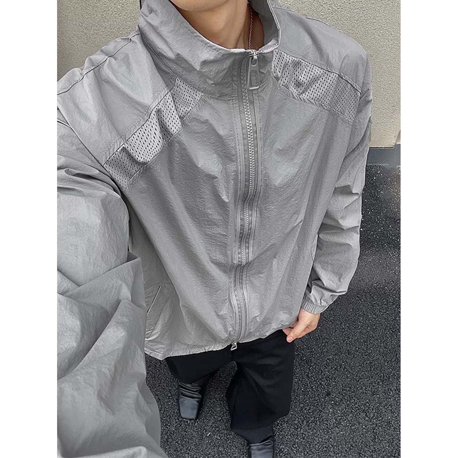 美式网眼拼接立领防晒衣男女夏季轻薄速干运动休闲骑行服外套