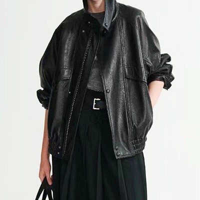 Genuine Leather Jacket Hn4172 Autumn and Winter Broccoli Foam Leather Stand-Up Lapel Imported Mid-Length Motorcycle Loose Wide Version Jacket