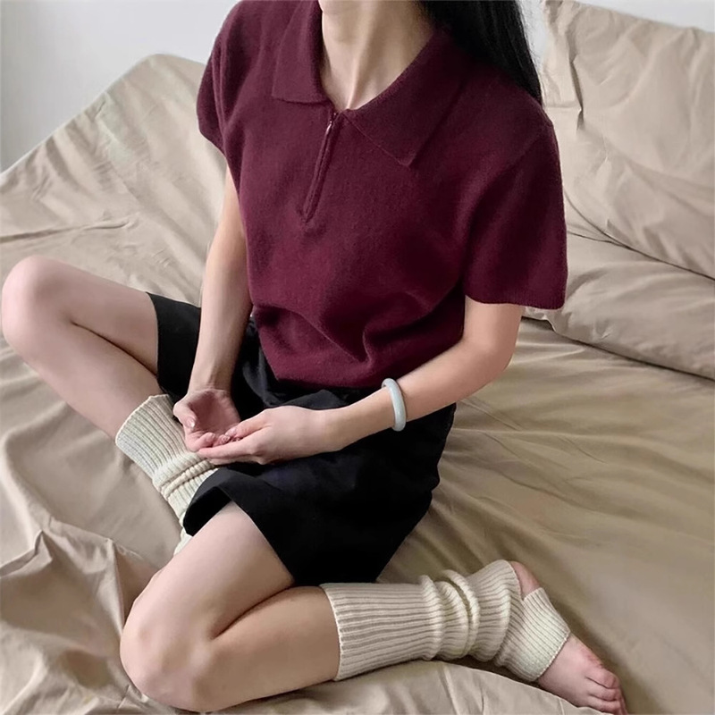 Summer Half Zip Design Sense Knitwear Women's French Lel Chic Short Sleeve Base Shirt Short Top Summer Half Zip Design Sense Knitwear Women's French Lel Chic Short Sleeve Base Shirt Short Top