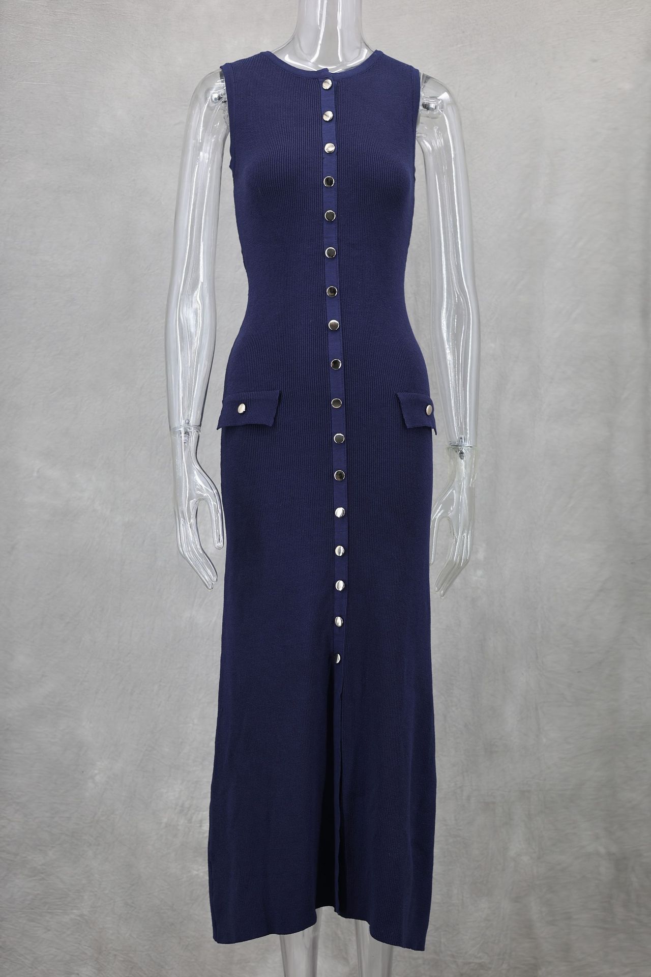 Neues ärmelloses, figurbetontes Strickkleid im europäischen und amerikanischen Stil mit Rundhalsausschnitt_voghion.com
