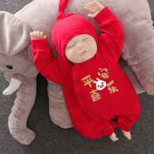兔年红色婴儿连体衣服秋冬纯棉宝宝满月百日宴礼服过年拜年服哈衣