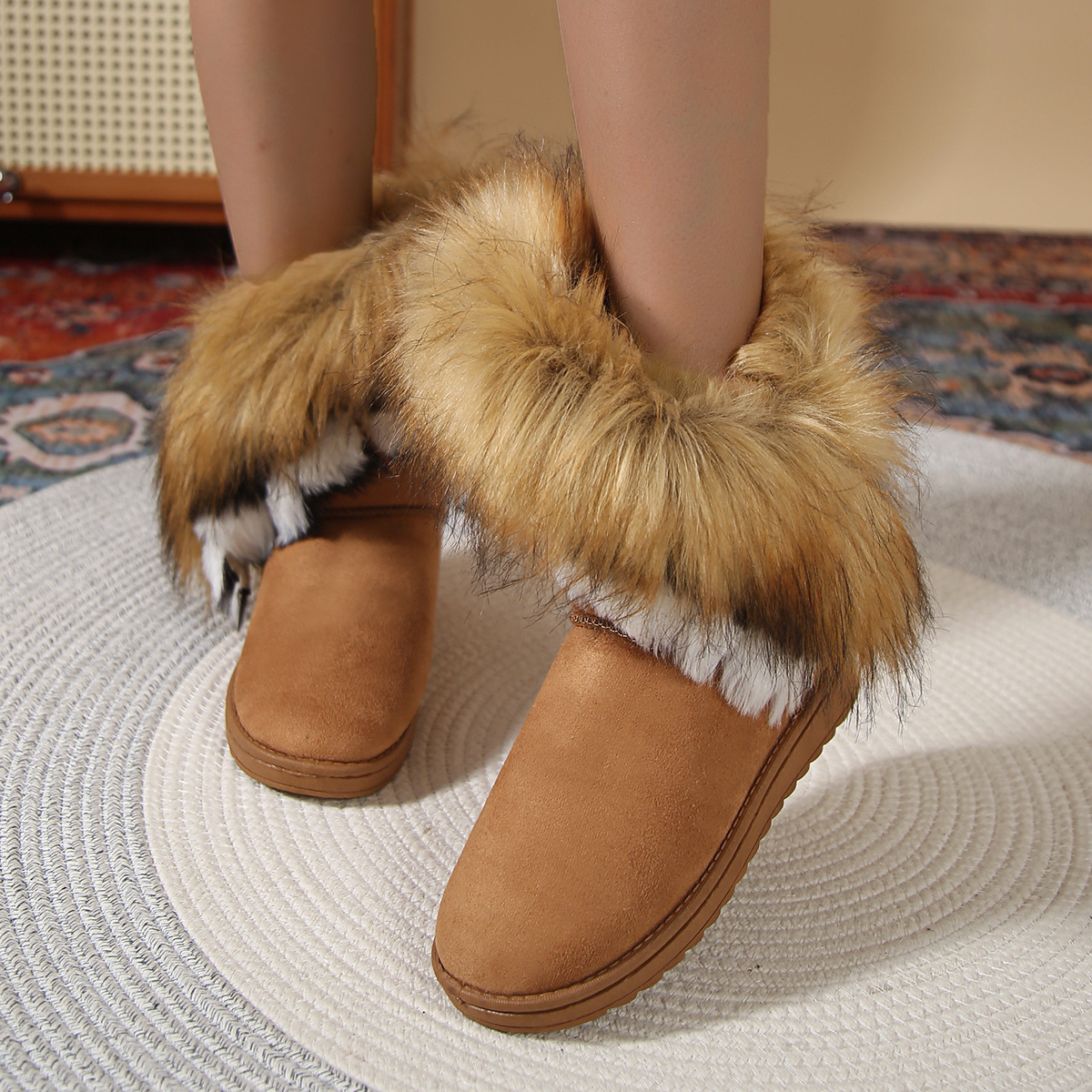 New round toe flat wool and fleece warm cotton boots_voghion.com