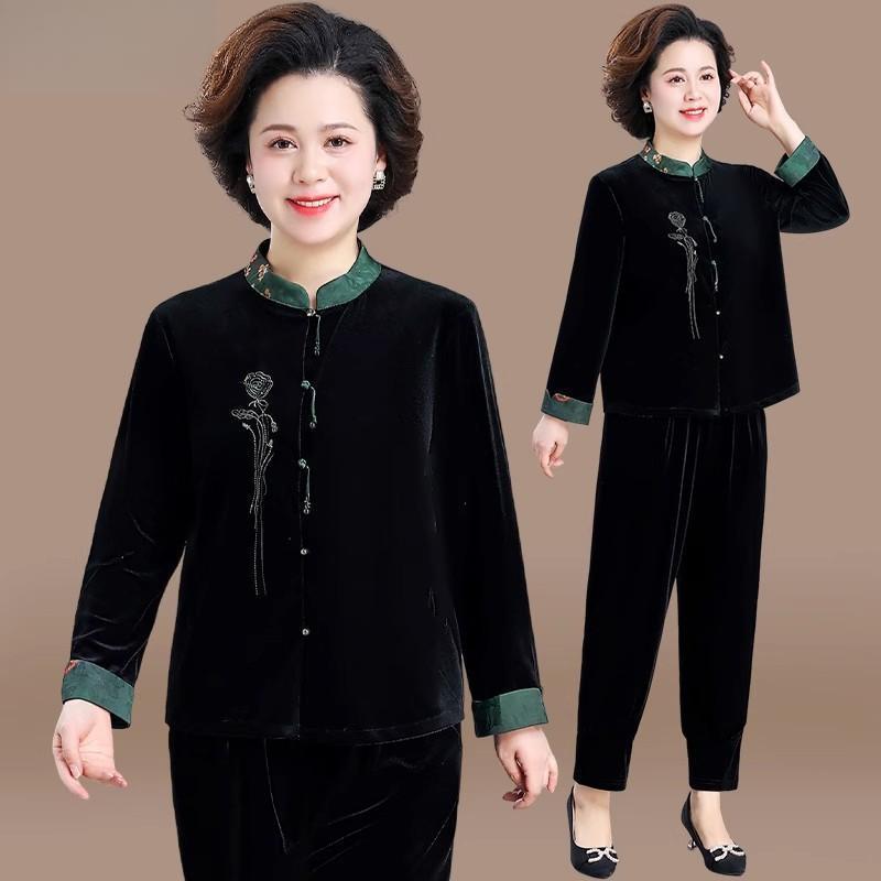 妈妈秋装洋气金丝绒套装女2025新款中老年人春秋外套中式唐装上衣|undefined