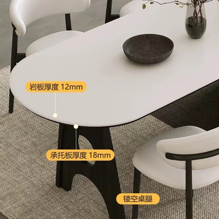 Mesa de comedor de la península de pizarra de roca ovalada de madera maciza estilo retrógrado simple mesa de comedor de pizarra de roca blanca pura