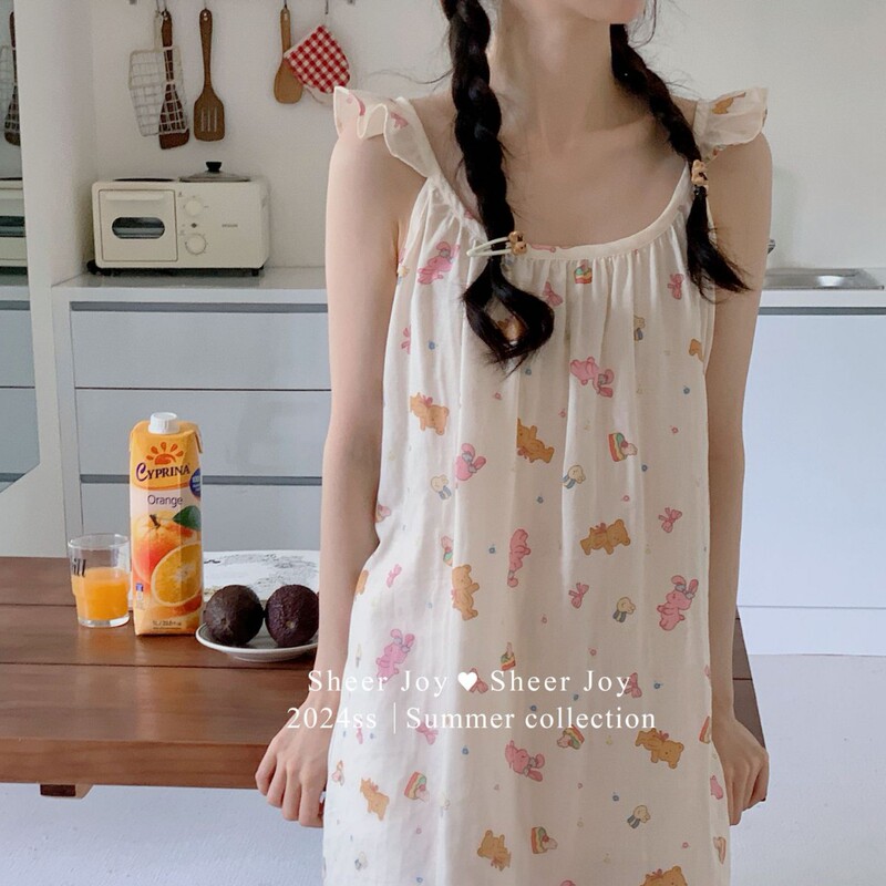 Summer Korean Style Fresh Cotton Double-Layer Gauze Flying Sleeves Small Suspender Comfortable Nightgown Annie Bear