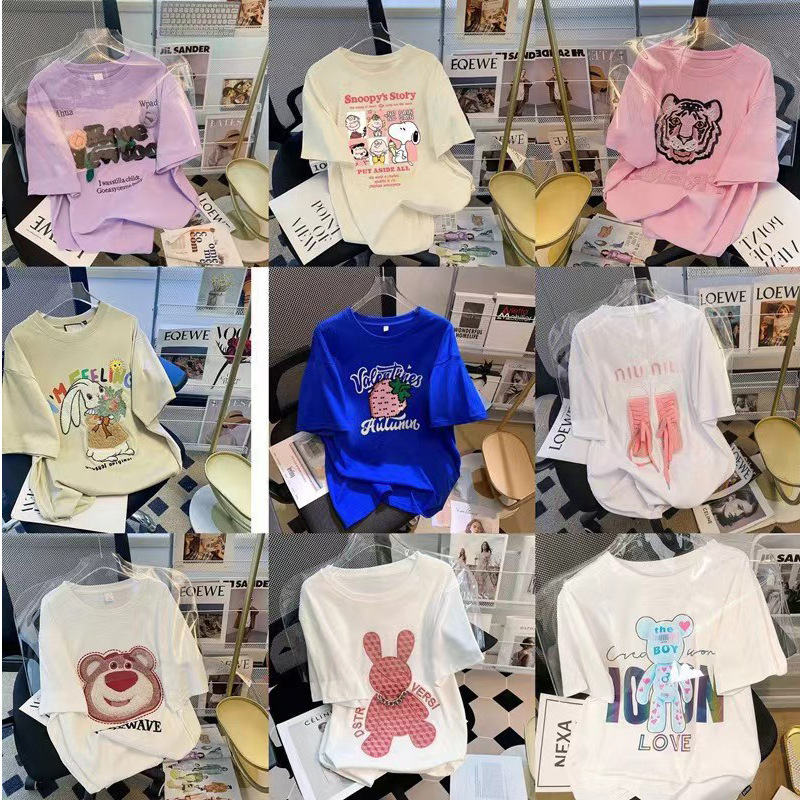 13 ライン女性の夏の綿トップ半袖 Tシャツ女性の夏のプリント香港スタイルヘミングカップルルーズ混合卸売|undefined