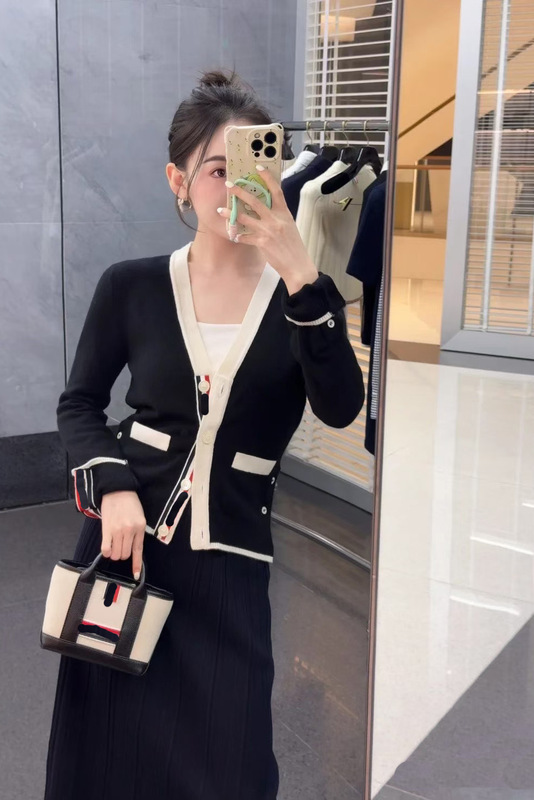 藏蓝撞色新款针织开衫女外套2025早秋休闲学院风宽松慵懒上衣外套|undefined