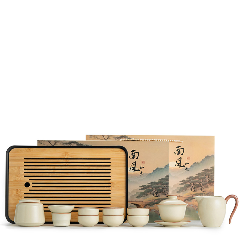 新款汝窑功夫茶具套装家用陶瓷泡茶壶茶杯整套茶具送礼高档礼盒装