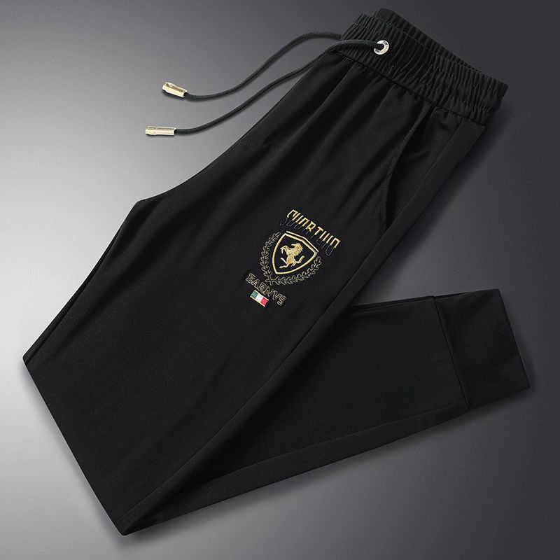 White embroidered casual summer thin trendy ice silk for men's Harun 9-point sports pants_voghion.com