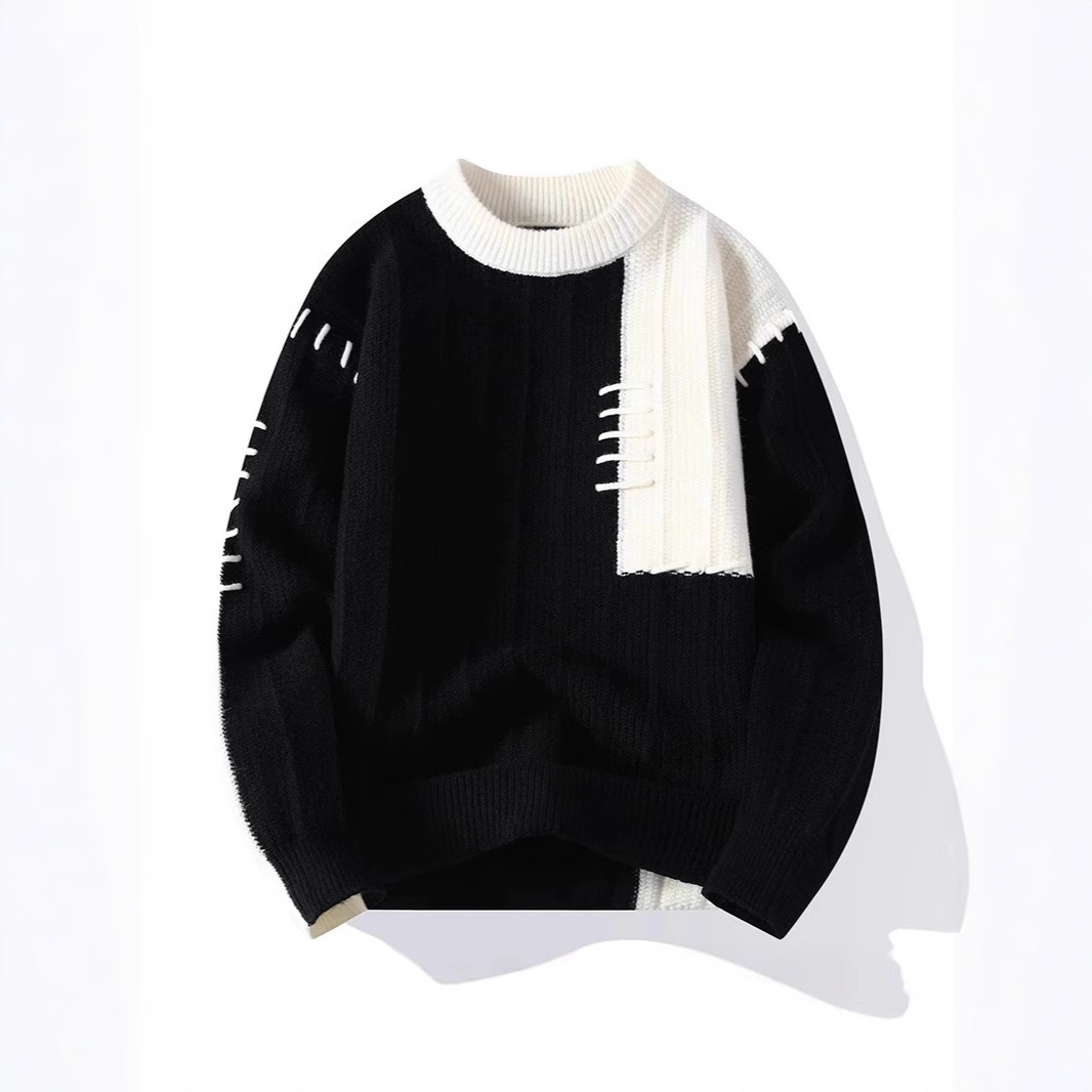 Trendy Color-Block Knit Sweater – Oversized Unisex Pullover For Winter (Green/Khaki/Red/White/Black, M-3XL)_viptrois.com