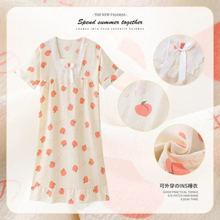 Japanese Style Bubble Cotton Wrinkled Summer Pajamas ins Cartoon Peach Short-sleeved Nightgown Plus Fat Plus Size Home Clothes