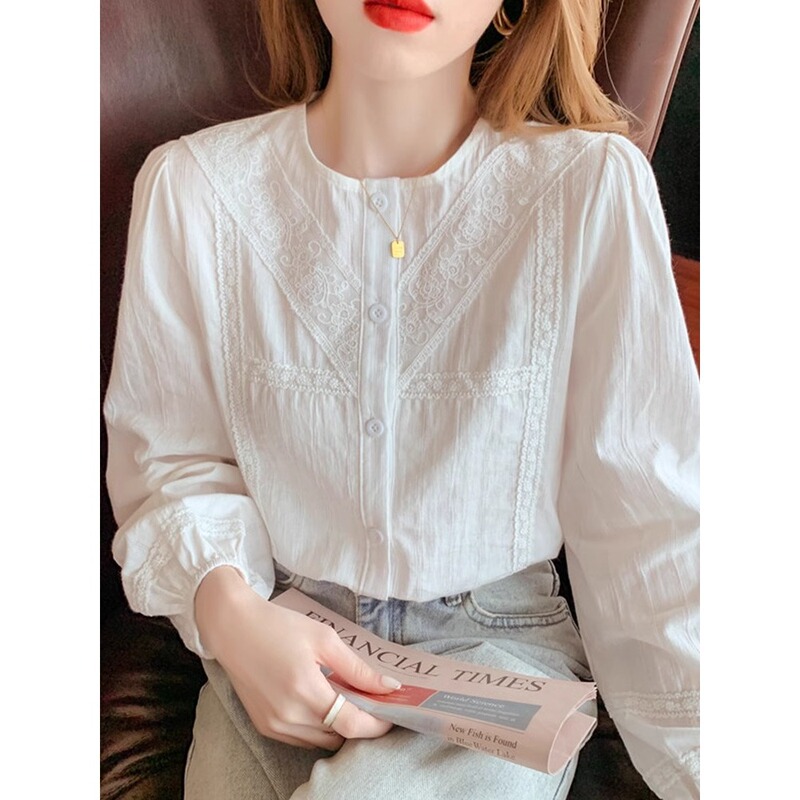 Shirt for Women 2026 Spring New Style Long-Sleeved Round Neck Jacquard French Chic Lace Cut Out White Shirt A3441