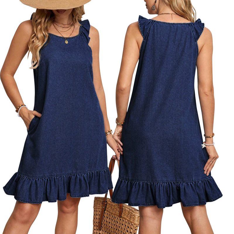 Women's Denim Dress round Neck Sleeveless Pleated Hem Skirt 218586 Cross Border Style Factory Direct Sales Summer Regular Size_ecoleips.com