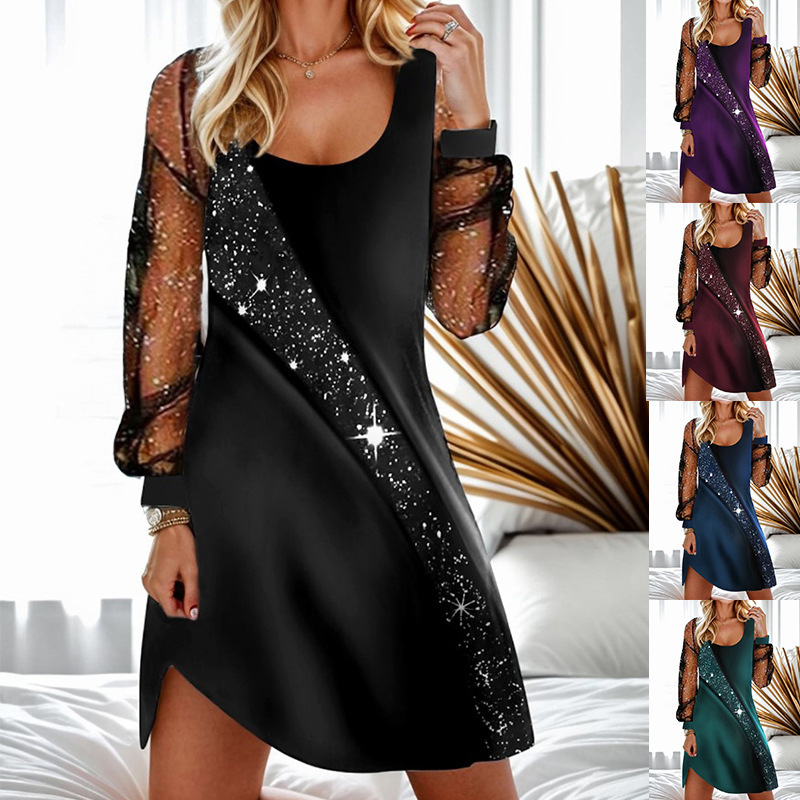 Spring and Autumn New Cross-Border Women's Clothing Tewu Amazon Wish Independent Station Sequin Perspective Mesh Women's Dress