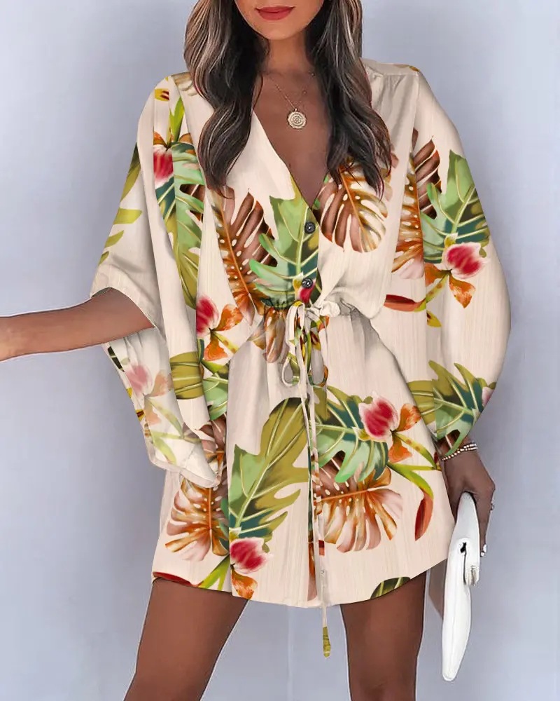 Transfronterizo europeo y americano de verano manga de vuelo Amazon deseo popular con cuello en V con cordones de ocio vestido de vacaciones ropa de mujer