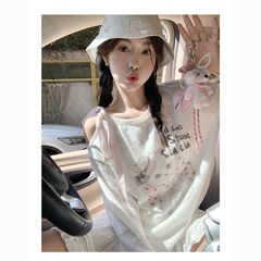 甘いギャルの猫のプリントの白い長袖のtシャツの女性の夏の肩のひもの蝶結びの日焼け止めのシャツのゆったりしている上着