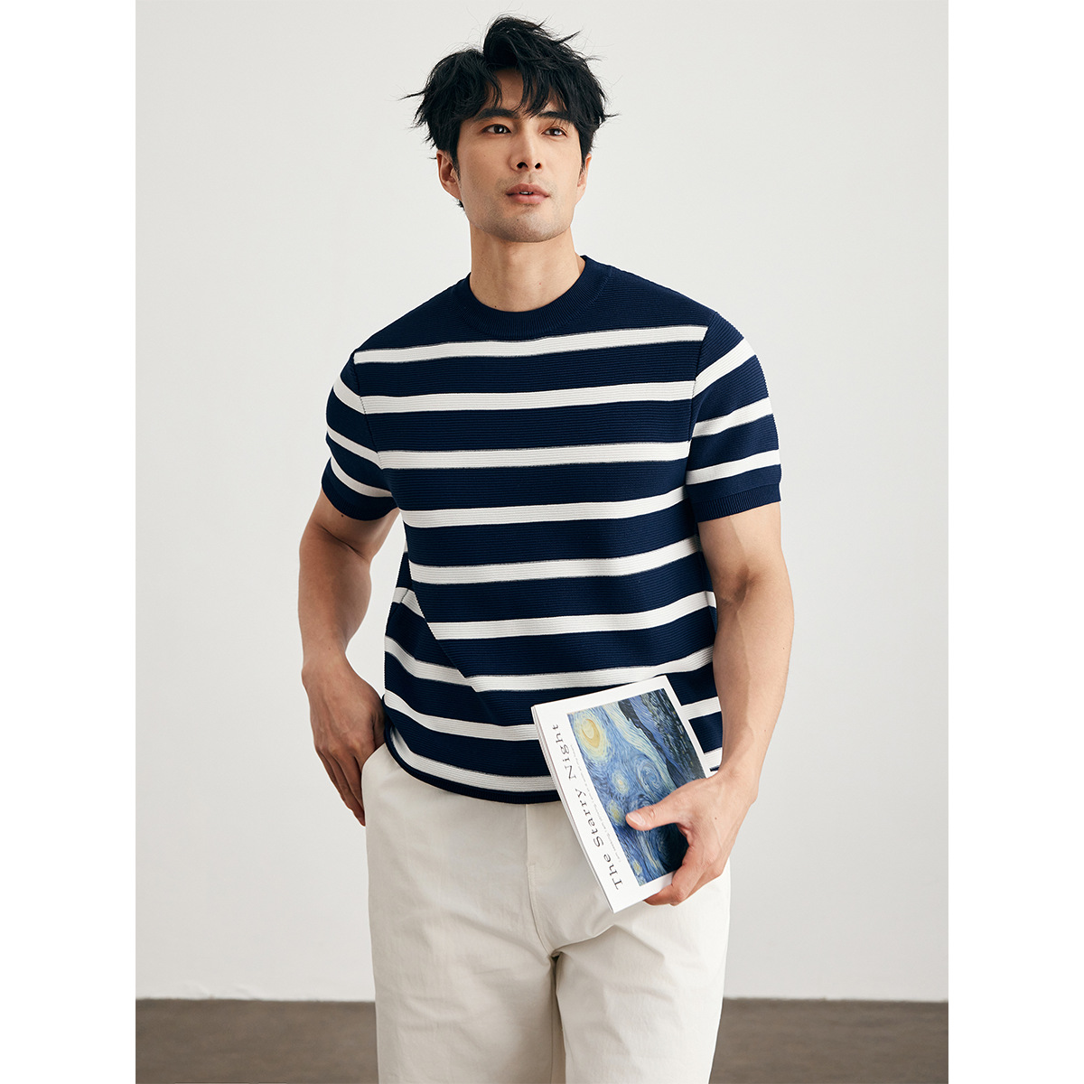 Prendas de punto de manga corta a rayas para hombres, seda de hielo de verano, traje delgado de negocios británico, camiseta interior, comercio exterior, venta al por mayor transfronteriza