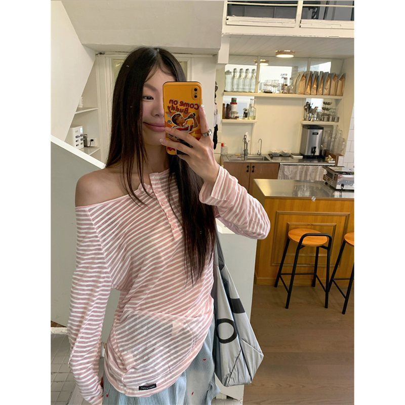 原版面料美式慵懒高级感条纹长袖气质上衣女夏休闲显瘦薄款打底衫|undefined