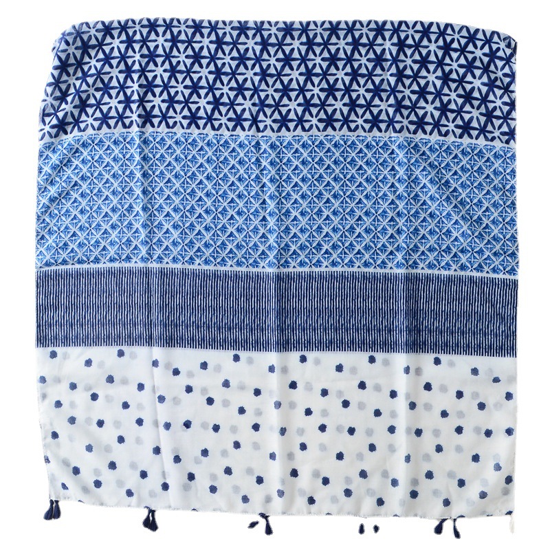 Azul dulce fresco impreso algodón y lino sensación bufanda de seda viajes protección solar decorativa toalla playa al aire libre aire acondicionado chal