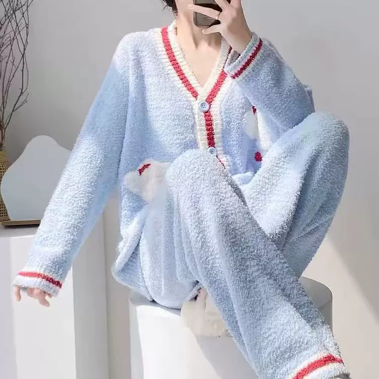 睡衣女冬季珊瑚绒加厚软绵绵半边绒小香风甜美可外穿开衫家居服套