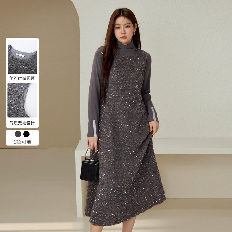 Fiber Show Large Size Women's Fashionable Sequins Light-Mature Style Sleeveless Elegant Dress Fat mm2024 New Winter Style