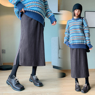 Real shot pregnant women's autumn and winter knitted belly support skirt simple all-match mid-length split one-step skirt