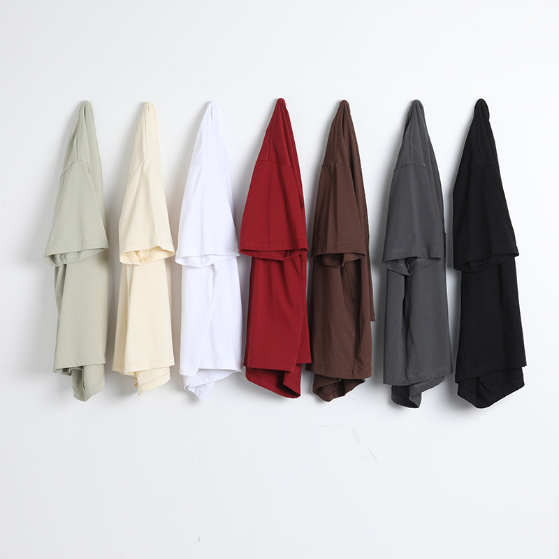 250g pesado 32 hilo doble algodón suelto fuera del hombro cuello redondo hombres manga corta Camiseta de algodón color sólido todo partido superior