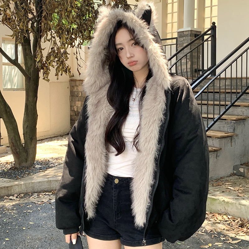 美式座山雕毛领兔耳冬季加厚保暖棉服男女情侣百搭加厚时尚外套