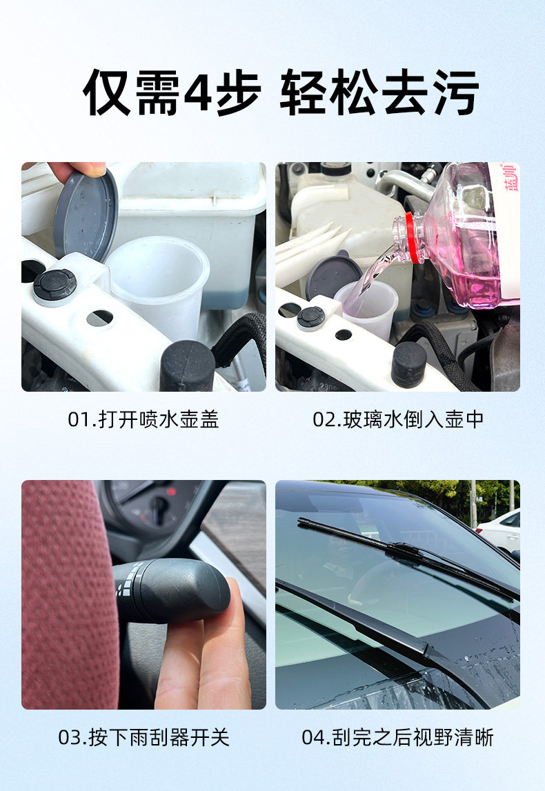 Car windshield cleaner for removing dirt and oil film, insect glue, ethanol, wiper fluid, non-stick water for summer use