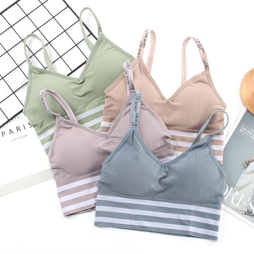 Seamless sports bra for women, fashionable English letter camisole, striped wrap top, no rims, beautiful back bra