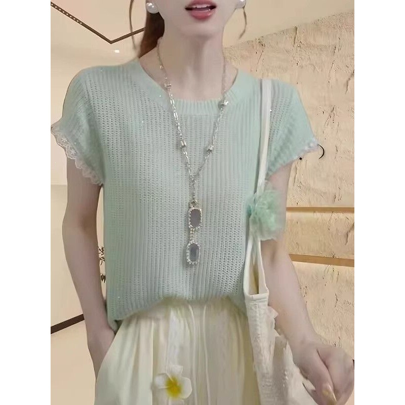 6873 # Hollow-Out Lace-Trimmed Short-Sleeve Ice Silk Knit Top for Women, Summer Thin Style, Slimming, Unique, Super Stylish