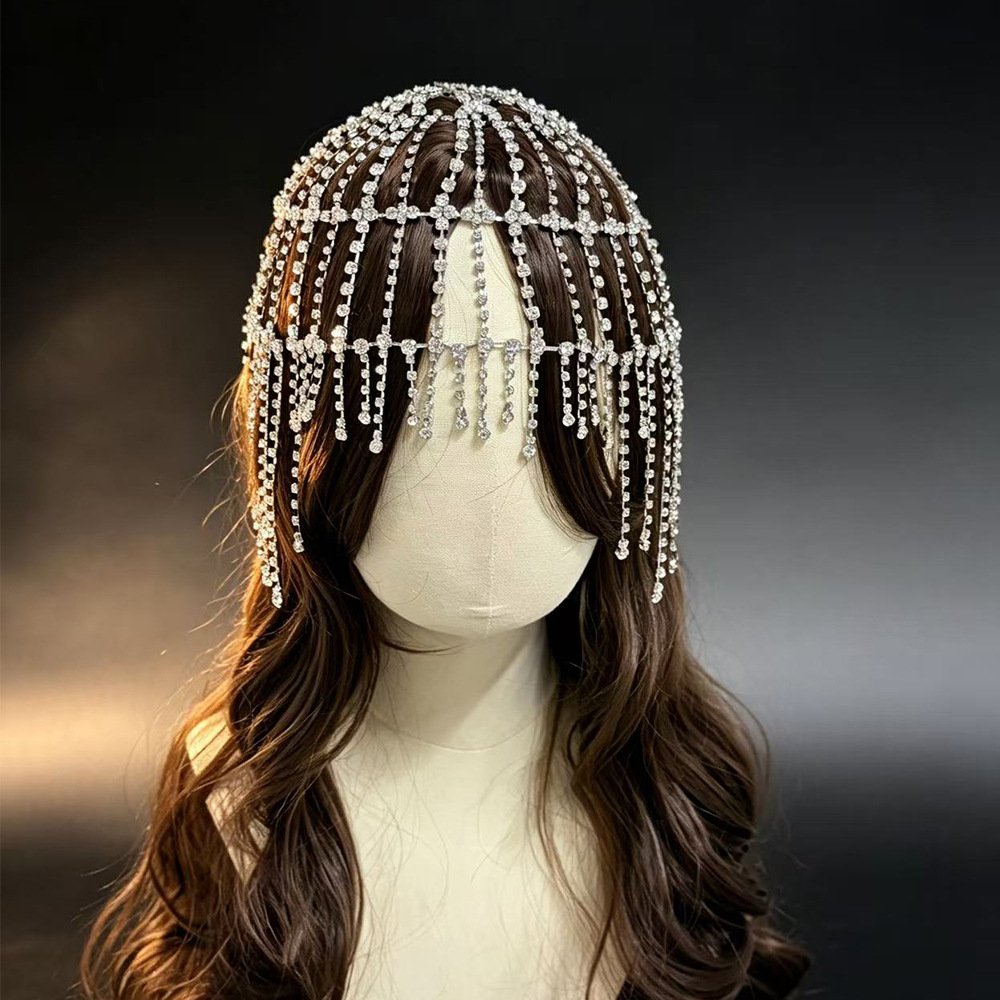 New exotic-style tassel headpiece, full-rhinestone hair chain, stage and fashion show dress accessory, cross-border hat and hair accessory