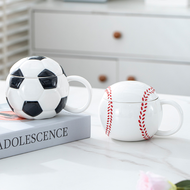 Cross-Border Hot-Selling Ceramic Coffee Cup with Lid and Handle Mug Creative Football Cup Home Ins Feng Shui Cup