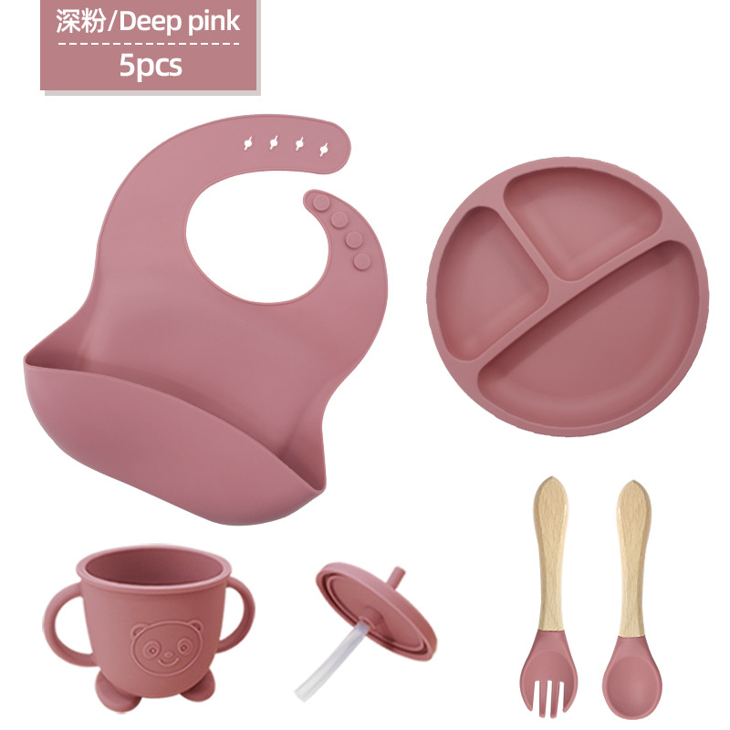 Vajilla de silicona para niños Juego de 6 piezas de silicona para bebés Tazón de alimentos complementarios separados Cuchara tenedor Taza para aprender a beber Juego de vajilla para madres y bebés