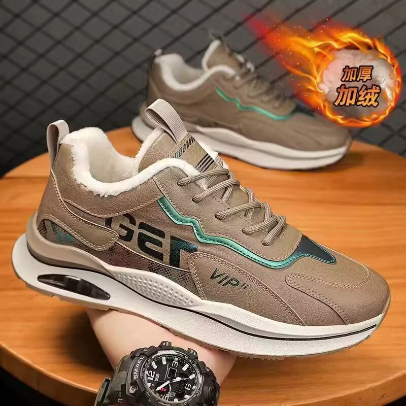 Мужская обувь, осенне-зимняя теплая мужская повседневная кожаная обувь, спортивная Нескользящая модная обувь для папы, хлопчатобумажная обувь на флисовой подкладке, Мужская британская модная обувь