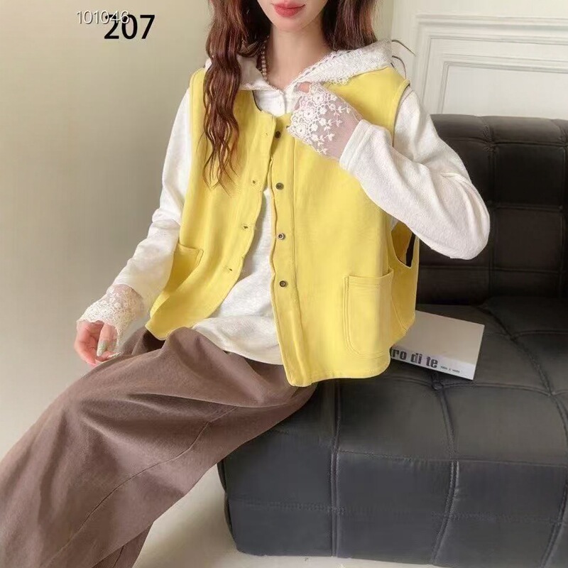 Japanese-Style Casual Washed Cotton Terry Cotton Single-Breasted Vest for Women, Loose Versatile Sleeveless Vest, Spring and Autumn Style