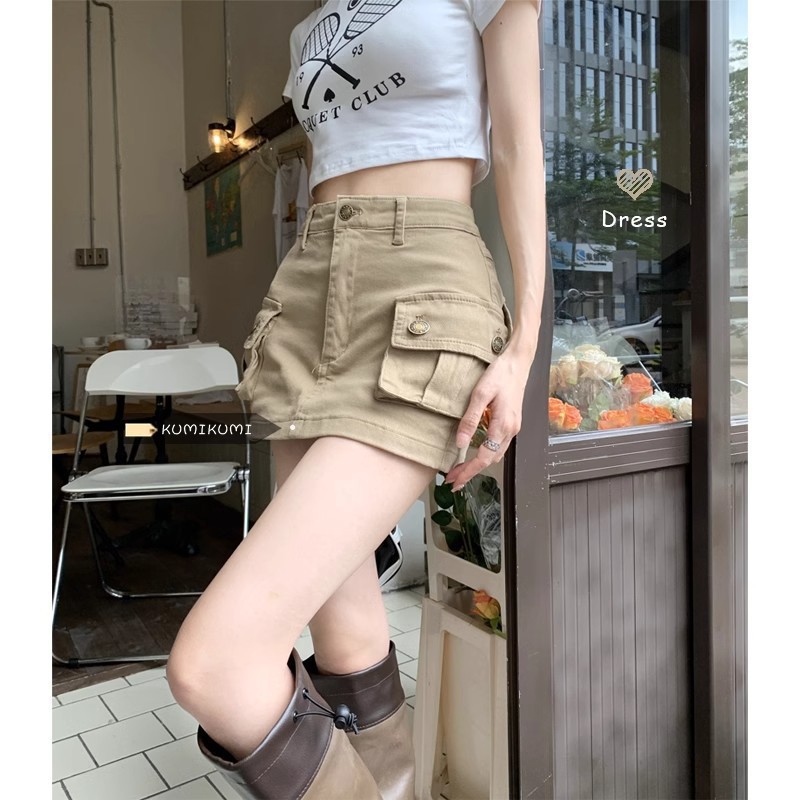 Khaki Workwear Denim Skirt for Women American Retro High-Waisted A-Line Skirt Sexy Anti-Exposure Hip-Covering Culottes
