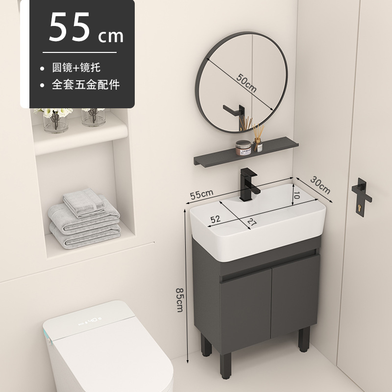 5530 Gabinete gris + agua + grifo + espejo redondo