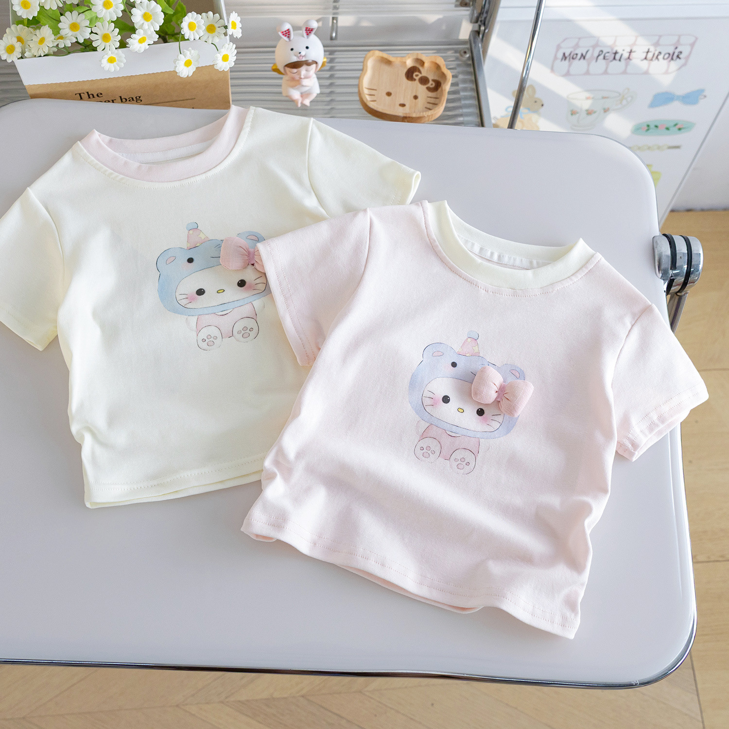 Summer cartoon cotton cute three dimensional T-shirt girl's with bow