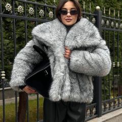 跨境外贸冬装新款人造毛皮草外套女短款小个子仿狐狸毛大翻领上衣