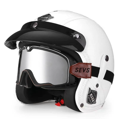 Women's Motorcycle Leather Helmet Riding: Motorcycle Safety Supplies - 555-leather-helmet-white-large-frame-goggles-silver-mirror-s