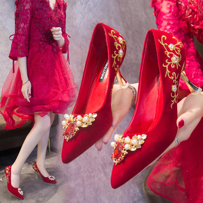  bride Chinese wedding shoes female high-heeled China wedding party shoes designer shoes XiuHe wedding  photo shooting cosplay pointed thin red Chinese heeled shoes
