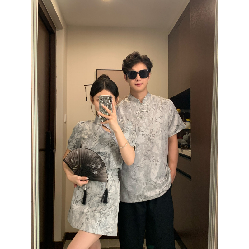 커플 여름 새로운 중국 세트 컬러 CHEONGSAM 여성의 짧은 소매 스커트 크로스 국경 머리카락