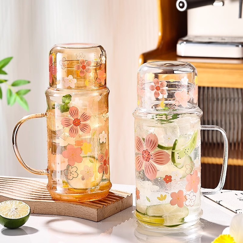 One Person Drinks Cold Water Kettle Glass Straw Cup Juice Pot High Borosilicate High Temperature Resistant Cold Water Cup Household Water Storage Drink Cup