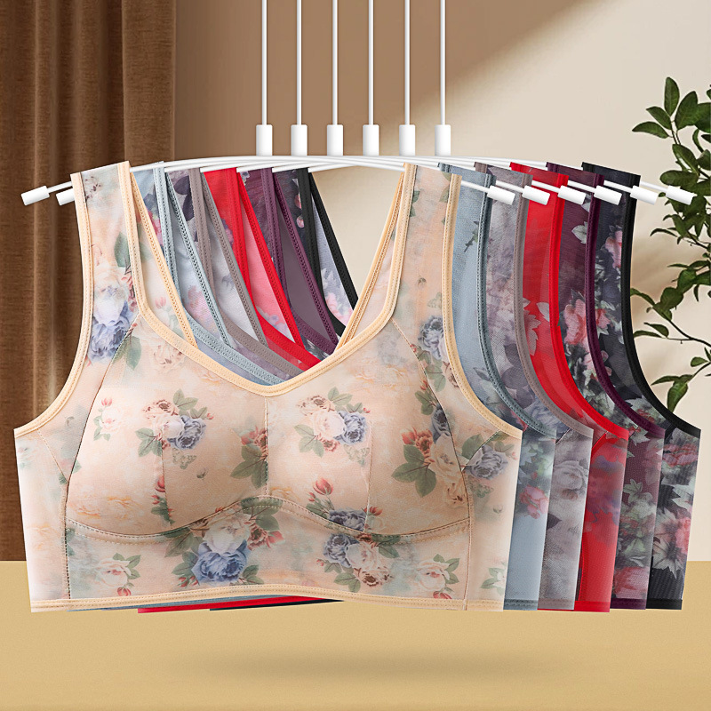 Mother's Middle-aged and Elderly Women's Vest Printed Non-marking Underwear Women's Large Size Comfortable Mesh Non-steel Rings Mesh Bra