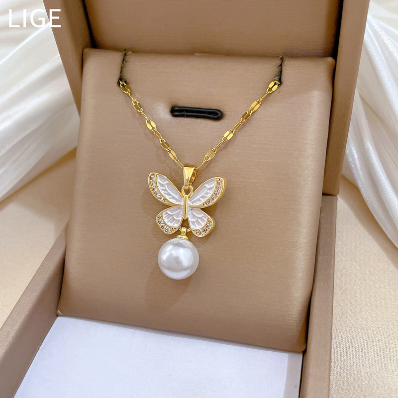 Gorgeous Butterfly Pearl Necklace Set Titanium Steel Clavicle Chain_voghion.com