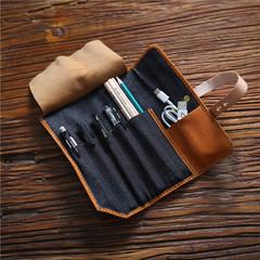 Handmade men's genuine leather pencil bag, first-layer cowhide tool bag, women's cosmetic bag, roll-type tool bag, storage stationery bag