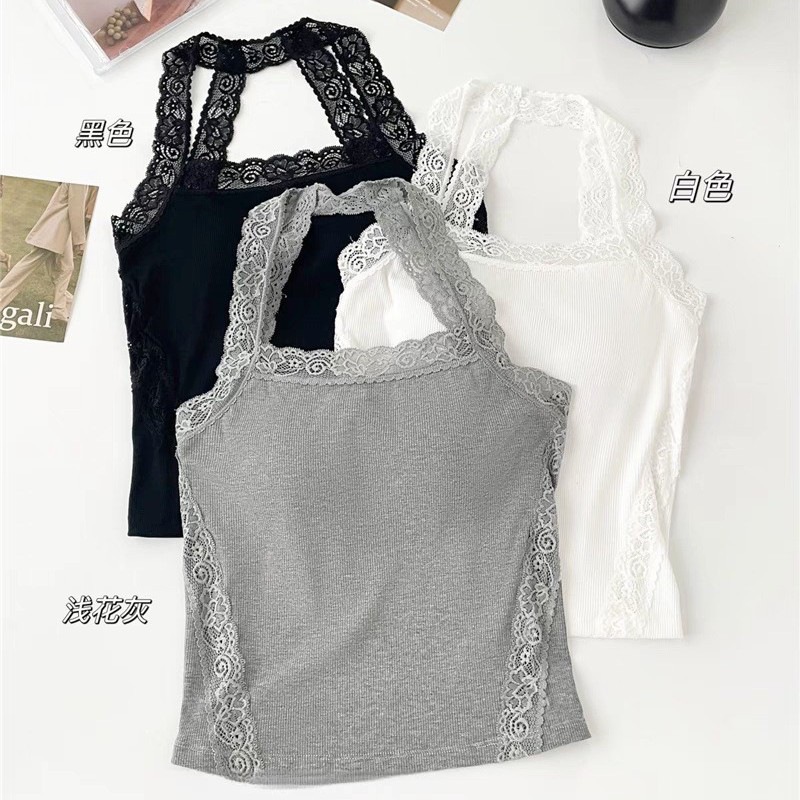 Cotton Lace Stitching Hanging Neck Spice Sling Women's Self-built Fixed Cup Chest Pad Slim-fit Outer Wear Inner Short Top